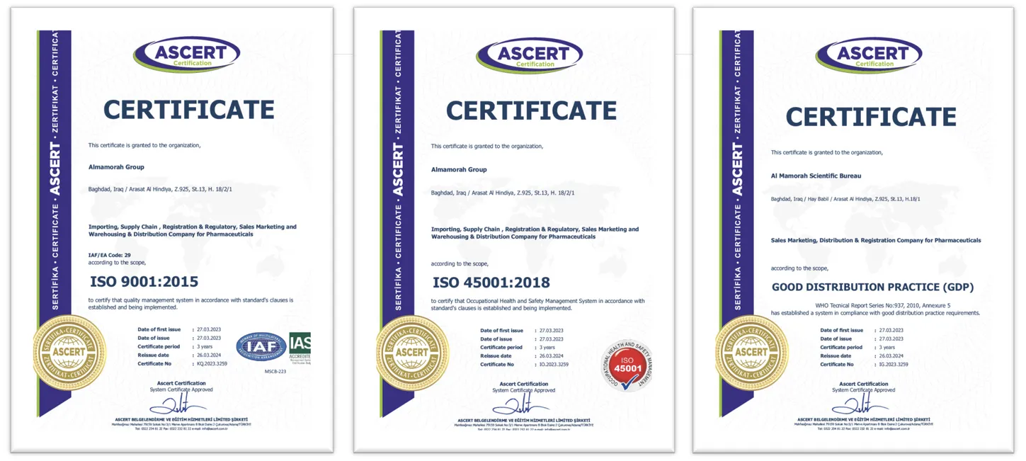 ISO 9001:2015, ISO 45001:2018 and GDP certificates